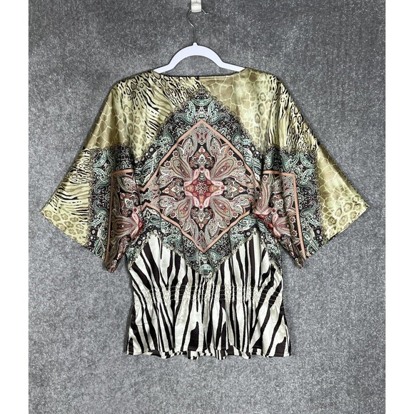 Chicos Lynda Zebra Mix Top Size 12 Peplum 3/4 Sleeve Paisley Satin Smocked - Picture 2 of 8